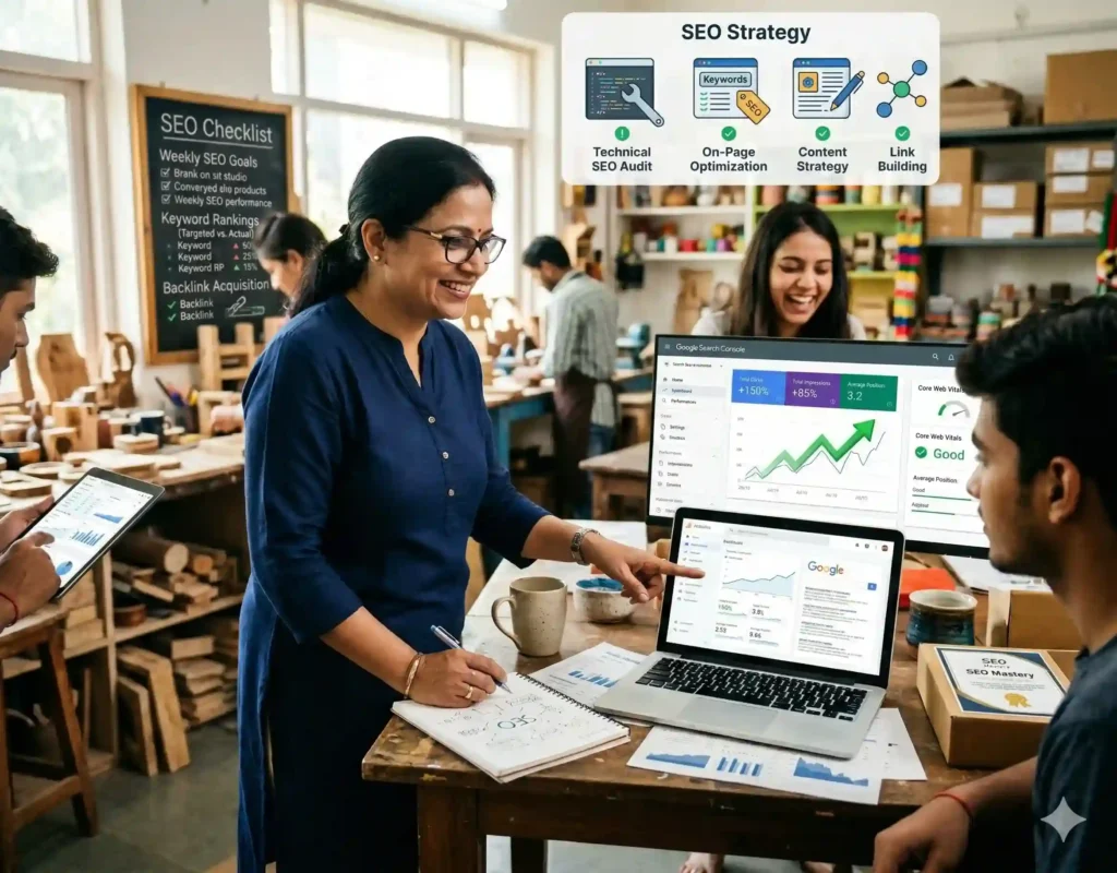 SEO strategy planning session with keyword research content and optimization