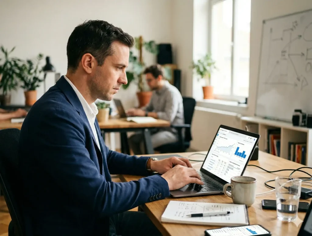 SEO expert working on laptop analyzing website data and growth strategy