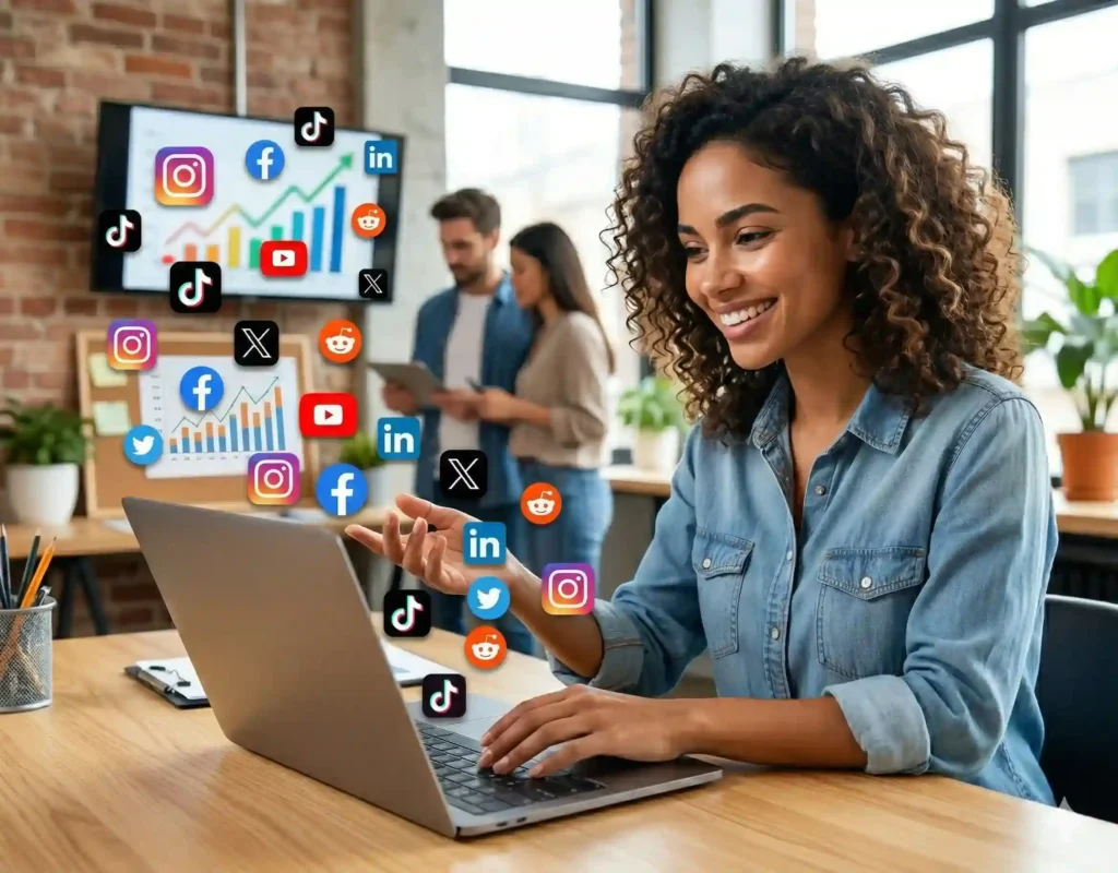 social media marketing strategy with engagement icons and audience growth