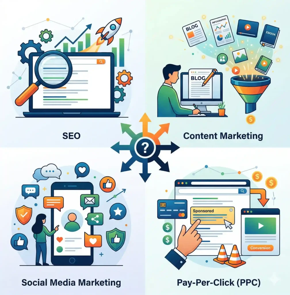 digital marketing channels SEO content marketing social media PPC strategy